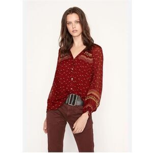 Ba&sh Boho Print Long Sleeve Chiffon Blouse Carmine Bird Shirt Top Sz 2 US 6